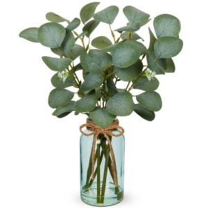 35 cm kunstmatige eucalyptus takken met blauwe glazen vaas, eucalyptus kunststof plant eucalyptus realistische eucalyptus decoratie zilveren dollar voor bruiloft, tafeldecoratie, k