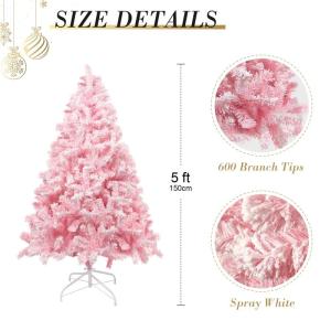 150 cm kerstboom bevlokt roze met volle vlokken decoratie met sneeuwvlokken, 600 takjes, dennenbladeren van pvc en stabiele basis, kerstboom voor kerstdecoraties