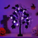 Halloween Dekor Innen Schwarz Ahornblatt Baum Lichter mit 24 LEDs,Halloween Deko Gruselig Lichterbaum mit LED Spinnenlicht,Birkenbaum mit Timer für Halloween Decoration Tischlicht