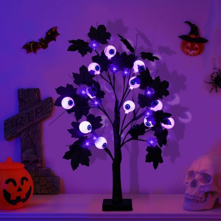 Halloween Dekor Innen Schwarz Ahornblatt Baum Lichter mit 24 LEDs,Halloween Deko Gruselig Lichterbaum mit LED Spinnenlicht,Birkenbaum mit Timer für Halloween Decoration Tischlicht
