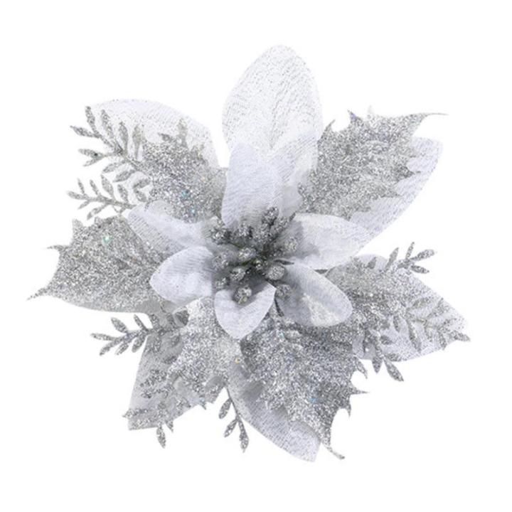 12 Stück Glitzernde Weihnachtssterne 14 cm Poinsettia Weihnachtsblumen für Festliche Baumdekorationen und Weihnachtsfeiern (Silber)