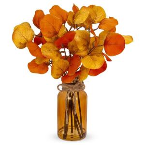 35 cm kunstmatige eucalyptus takken met amber glazen vaas, eucalyptus kunststof plant eucalyptus realistische eucalyptus decoratie zilveren dollar voor bruiloft, tafeldecoratie, ka