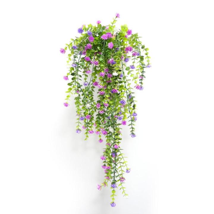2 stuks aan de muur, kunsthangplanten, bloemenhangers, klimop, kunstrozen, rode bloemen, kunstplanten, hangers voor balkon, 90 cm (rood, roze)