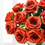 10 stuks kunstmatige rozenbruine bloemen, realistisch boeket, neprozen met enkele steel voor thuis, feest, bruiloft, boeket (verbrand oranje)