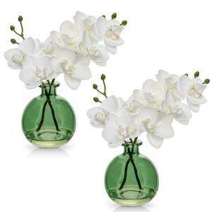2 stuks kunstorchideeën, wit met groene glazen vaas, kunstplant, decoratie, orchideeën, kunstbloemen in vaas met echte touch, kunstorchideeën, kunstmatige bonsai voor hotel, woo