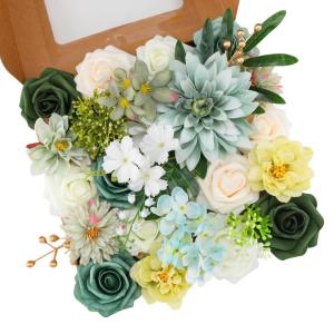 Künstliche Blumen Combo Grüne Blumen Mix Seidenblumen Dahlie Rosen mit Stielen für DIY Hochzeit Brautsträuße Babyparty Blumenarrangement Tischaufsätze Heimdekorationen