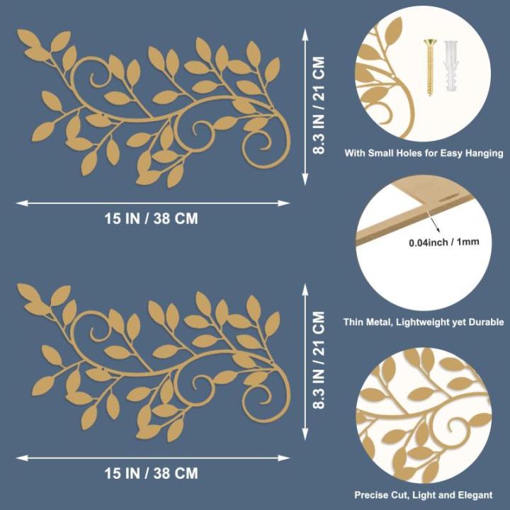 2 stuks metalen boomblad wanddecoratie wijnstok olijftak blad muurkunst ornament muur opknoping bord voor boven deur, woonkamer, kantoor, binnen en buiten decoratie (goud)