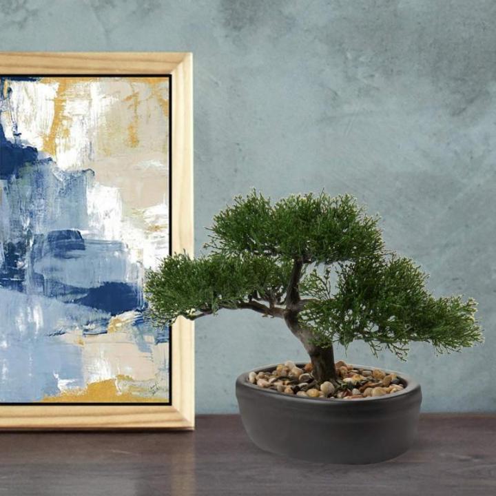 Kunstbonsai Natuurgetrouwe kunstplant, kunstboom, bonsai, ceder, grenen, podocarpus, plastic plant, kunstplant met keramische pot in zwart, voor badkamerdecoratie, desktop, kantoor