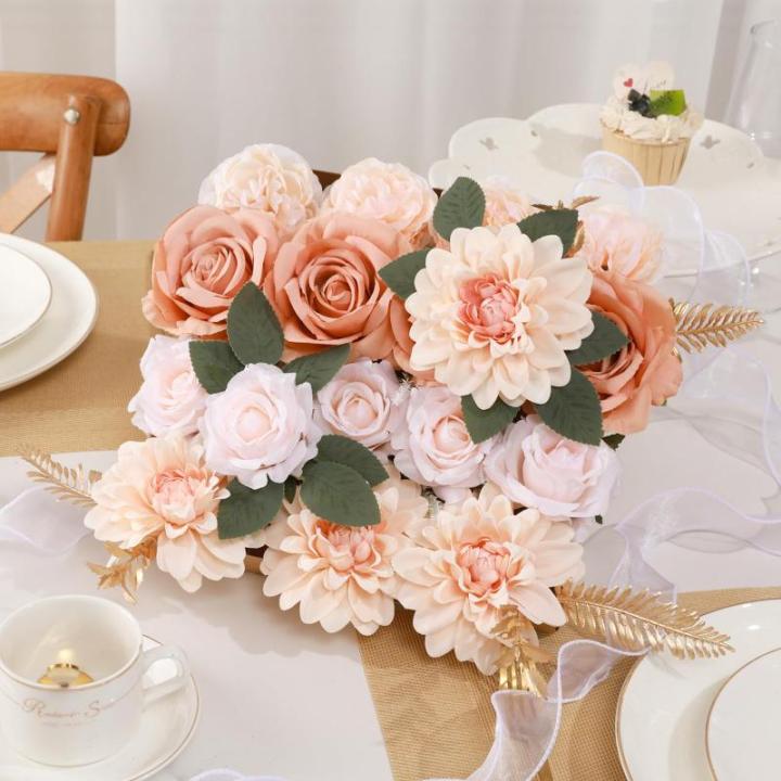 Kunstbloem combo nep roos faux dahlia bloemen met stengels voor doe-het-zelf bruiloft bruidsboeket feest woondecoratie (kerstgroen)