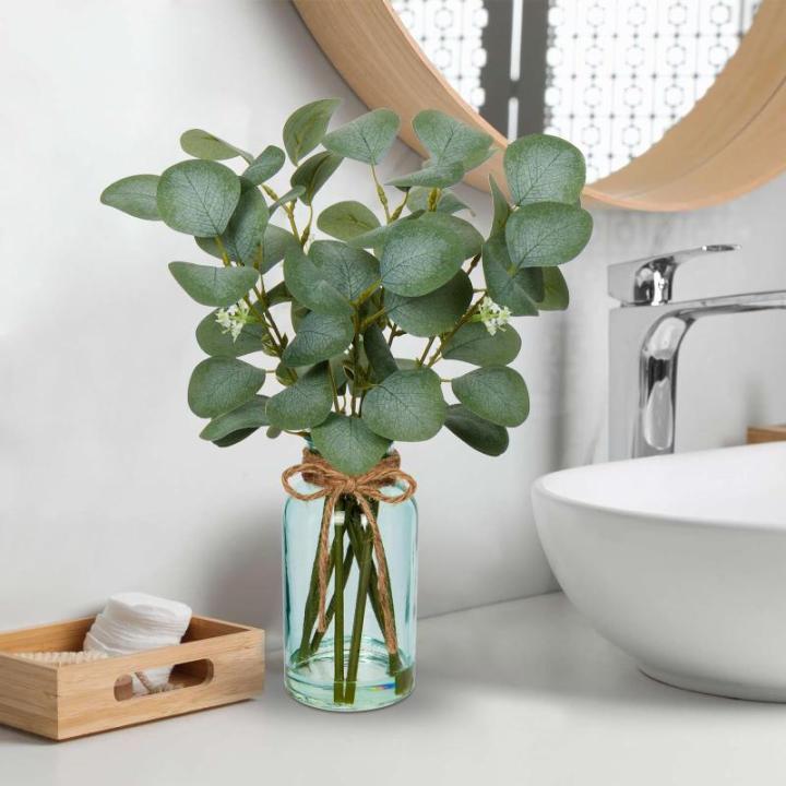 35 cm kunstmatige eucalyptus takken met blauwe glazen vaas, eucalyptus kunststof plant eucalyptus realistische eucalyptus decoratie zilveren dollar voor bruiloft, tafeldecoratie, k