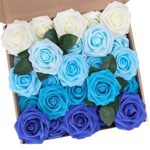 Kunstbloemen, rozen, 25 stuks, kunstrozen met steel, voor doe-het-zelf bruiloft, boeketten, feesttafels, woondecoraties, bruid, woondecoratie, gemengd blauw