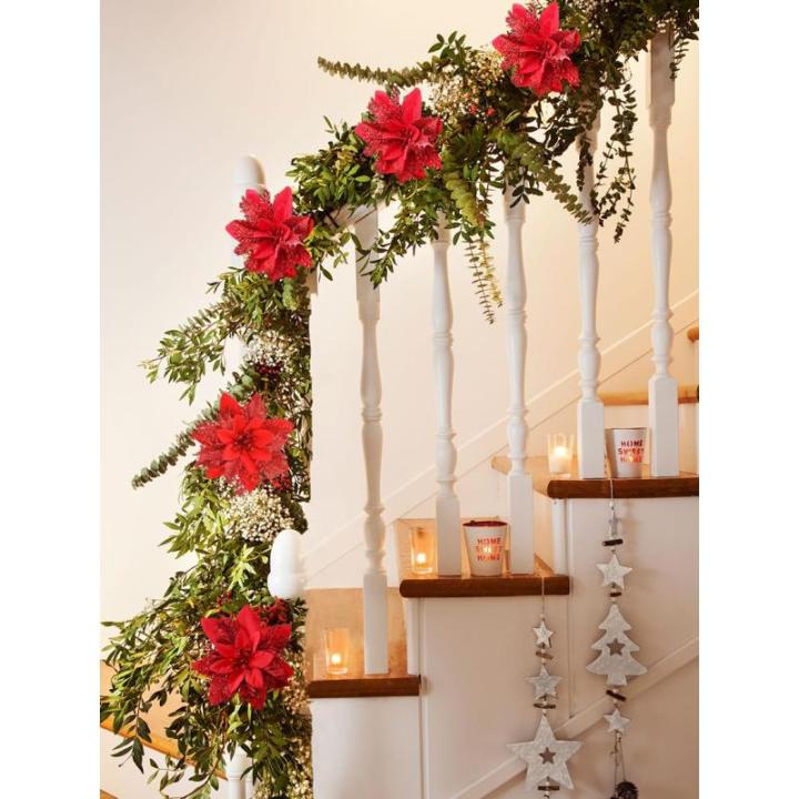 15 stuks 14 cm kunstmatige kerstster bloemen glitter met clips stengels kerstboom ornamenten voor krans feest bruiloft Nieuwjaar decoratie (rood)