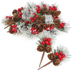 20 x decoratieve tak met lariksappels, rode bessen en boomnaalden - strooidecoratie Kerstmis - decoratieve tak voor kransen en bloemstukken (20 stuks - rode bessen wit)