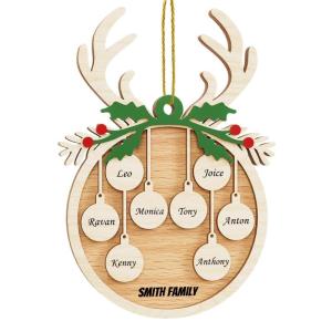Gepersonaliseerde kersthangers met 8 namen - 2023 houten kerstboomversiering gepersonaliseerde familie, partner huisdier en vrienden