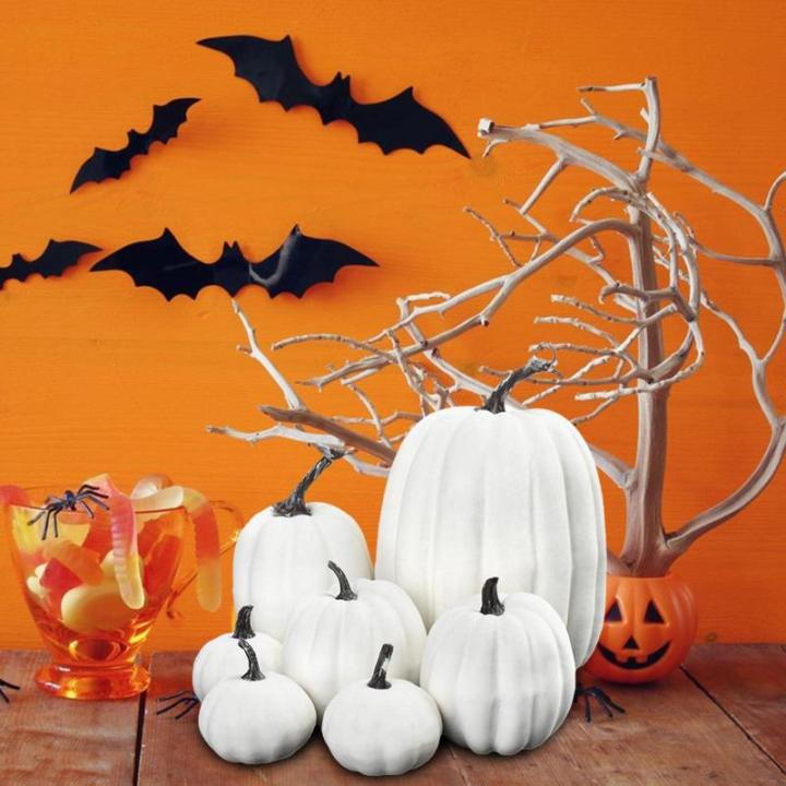 7 stuks kunstpompoenen, pompoen, decoratie, sierpompoen, kunstplantset voor Halloween, decoratie, herfstdecoratieset, 4 maten, wit