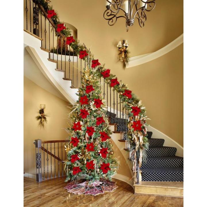 15 stuks 22 cm kerstbloemen kunstmatige kerstster bloemen kerstboom ornamenten met clips stengels voor krans feest bruiloft Nieuwjaar decoratie (rood)