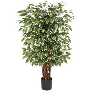 Benjamini Ficus, , grote kunstboom, kamerplant, decoratie met echte houten stam, voor kantoor, decoratie, slaapkamer, eetkamer, binnen, buiten, groen/wit, 91 cm