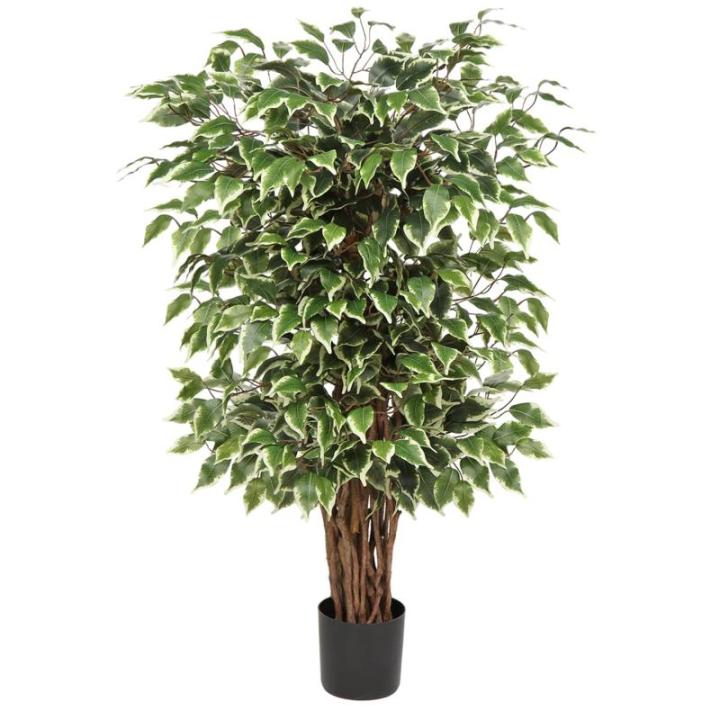 Benjamini Ficus, , grote kunstboom, kamerplant, decoratie met echte houten stam, voor kantoor, decoratie, slaapkamer, eetkamer, binnen, buiten, groen/wit, 91 cm