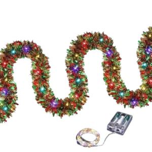 Kerstboomslinger met ledverlichting, glanzende kerstboomslinger, 16,4 meter lametta-slinger, slingers, ornamenten met ledverlichting, verlichte lichtstrips