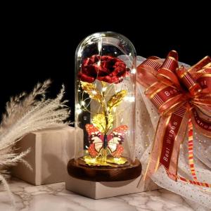 Ewige Rose im Glas mit Licht, Weihnachtsglasabdeckung, simulierte Rosenlichtdekoration, Geburtstagsgeschenk für Frauen Hochzeit Jahrestag Valentinstag(Rosenrot)
