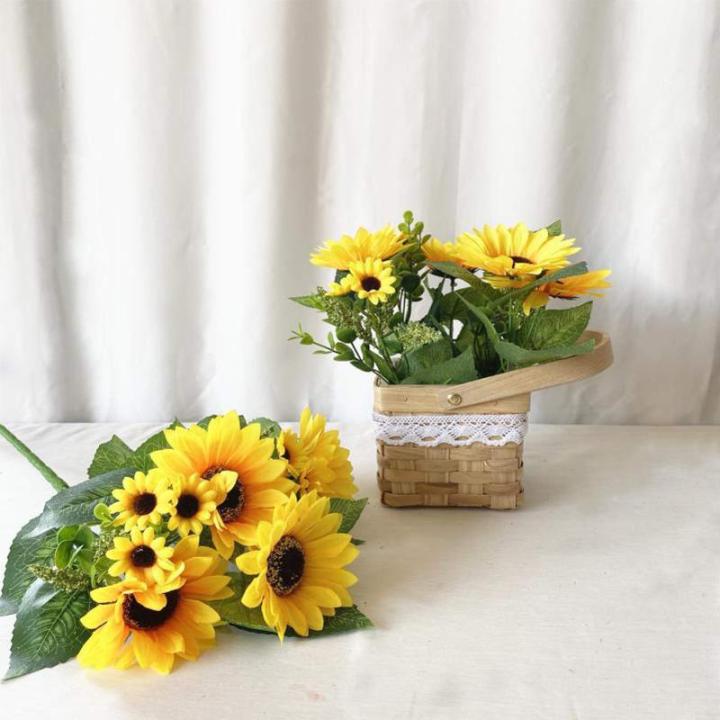 2 trossen kunstzonnebloem boeket, nep zijden zonnebloem bloemen, realistische planten voor huwelijksfeest, jubileum, thuiskantoor, tafeldecoratie (kort)