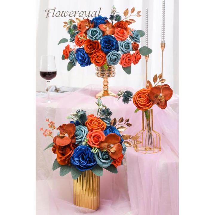 Künstliche Blumen Combo Königsblaue Blumen Mix Seidenblumen Orchideen Rosen mit Stielen für DIY Hochzeit Brautsträuße Babyparty Blumenarrangement Tischaufsätze Heimdekoration
