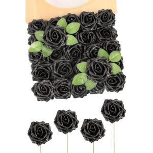 Glitter-roos kunstbloemen, 25 stuks kunstrozen, bloemen met stengels, echte touch, kunstschuim, rozen voor bruiloft, boeketten, feesten, thuis, Halloween, kerstdecoratie (zwart)