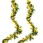 Set van 2 hangende zonnebloemslingers, kunstmatige zonnebloemslinger, zijden zonnebloemrank, hangende slinger met groene bladeren, nepbloemstuk voor bruiloftsfeest, woondecoratie