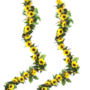 Set van 2 hangende zonnebloemslingers, kunstmatige zonnebloemslinger, zijden zonnebloemrank, hangende slinger met groene bladeren, nepbloemstuk voor bruiloftsfeest, woondecoratie