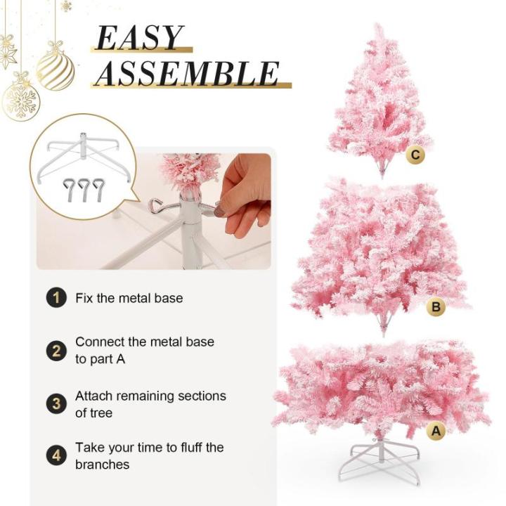 180 cm kerstboom bevlokt roze met volle flocked decoratie met sneeuwvlokken, 808 punten dennenbladeren van pvc en stabiele basis, kerstboom voor kerstdecoraties