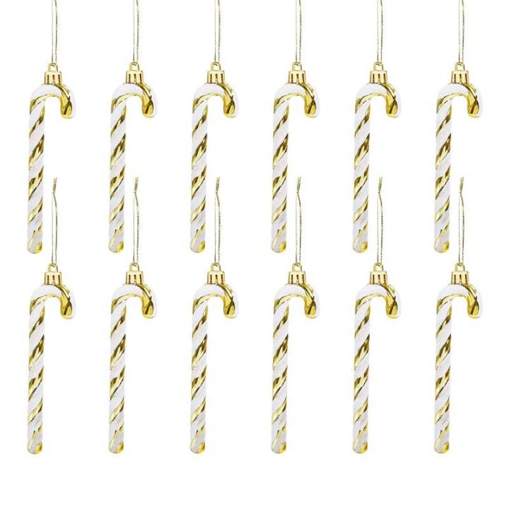 12 Kerststokjes, fonkelend, 13 cm, voor versieren van kerstboom, versieringen, hangende snoepstokjes, goudkleurige en witte strepen