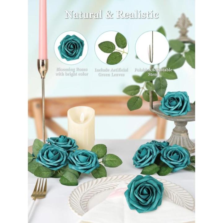 Kunstbloemen, rozen, 25 stuks, rozen decoratie met stelen, kunstrozen voor bruiloft, Valentijnsdag, Moederdag, babyshower, woondecoratie, malachiet groen