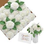 Kunstbloemen, wit, rozen, 30 stuks, 8 cm, boeket, kunstdecoratie, bloemen, kunstrozen met stelen en kaart voor Valentijnsdag, tuin, verjaardag, feest, doe-het-zelf bruiloftsdecorat