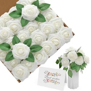 Kunstbloemen, wit, rozen, 30 stuks, 8 cm, boeket, kunstdecoratie, bloemen, kunstrozen met stelen en kaart voor Valentijnsdag, tuin, verjaardag, feest, doe-het-zelf bruiloftsdecorat