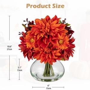 Dalia Kunstbloemen als echt in ovale glazen vaas met kunstwater, decoratieve bloemen, chrysant bloemstuk voor thuis, woonkamer, badkamer, herfst, decoratie
