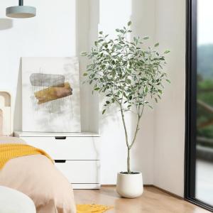 Ficus Benjamina Kunstplant 150 cm, witte pot, nep tropische plastic , groot voor woondecoratie, slaapkamer, tuin (1 stuks)
