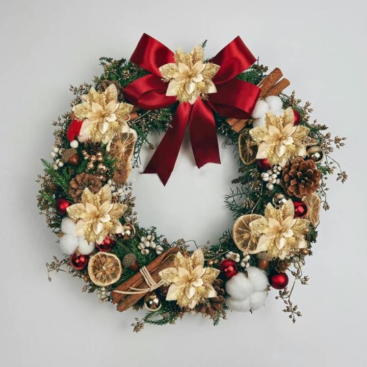15 Stuks 14 CM Kerst Kunstkerstster Bloemen Glitter met Clips Stengels Kerstboom Ornamenten voor Krans Feest Bruiloft Nieuwjaar Decoratie (Goud)