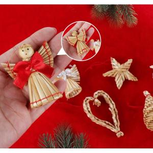 Kerstboomversiering, 60 stuks, handgemaakte kerstboom van stro, strosterren, Kerstmis, bevat kerstman, sterren, hart, natuurlijke boomversiering, Kerstmis voor kerstboomdecoratie