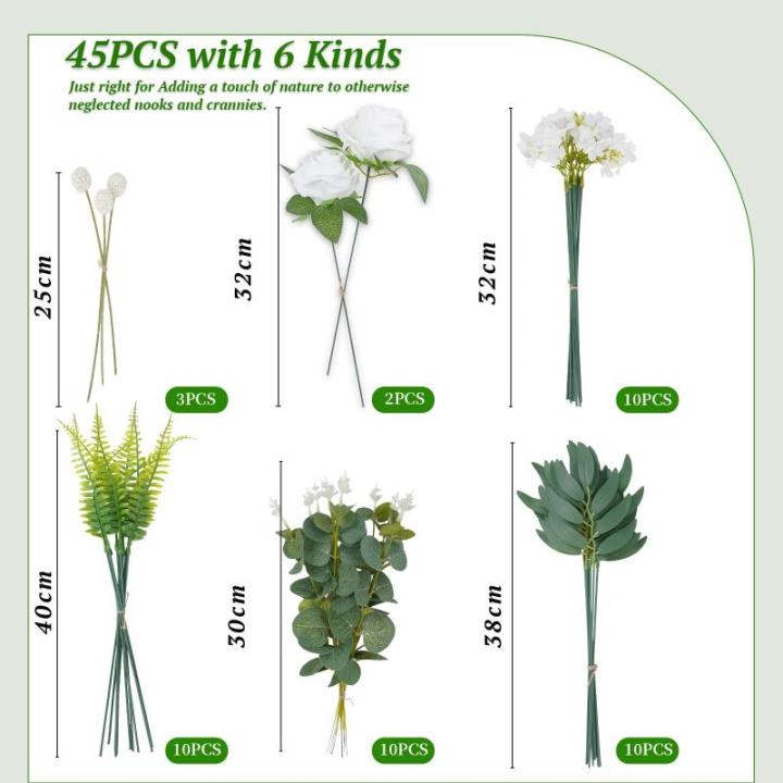 45 Stück Künstliche Zweige & Kunstblumen Wie Echt, Weiß Blumen Blätter Eukalyptus Hortensien Künstlich Dekozweige Kunst Blumen Kunstblumenstrauss für DIY Blumenstrauß Brauts