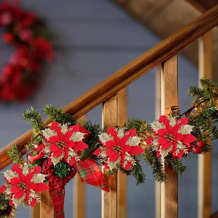 Kunstbloemen, Poinsettia, glitter, kerstbloemen met clips, kerstbloemen, ornamenten voor doe-het-zelf kransen, slinger, huis, feestdecoratie, 15 stuks, 14 cm, rood goud