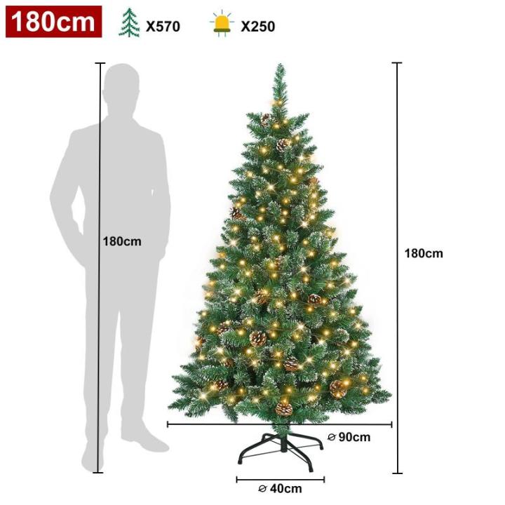 Kunstkerstboom, kunstkerstboom met verlichting, 180 cm, kunstkerstboom met 250 leds en standaard, kunstkerstdecoratie, met sneeuw en dennenappels