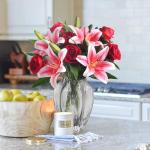 11xkünstliche Blumen, rote künstliche Rosen und rosa Tigerlilie, Seidenblumenstrauß für Hochzeit, Blumenarrangement, Geschenk, Party-Dekoration (Vasen nicht im Lieferumfang ent