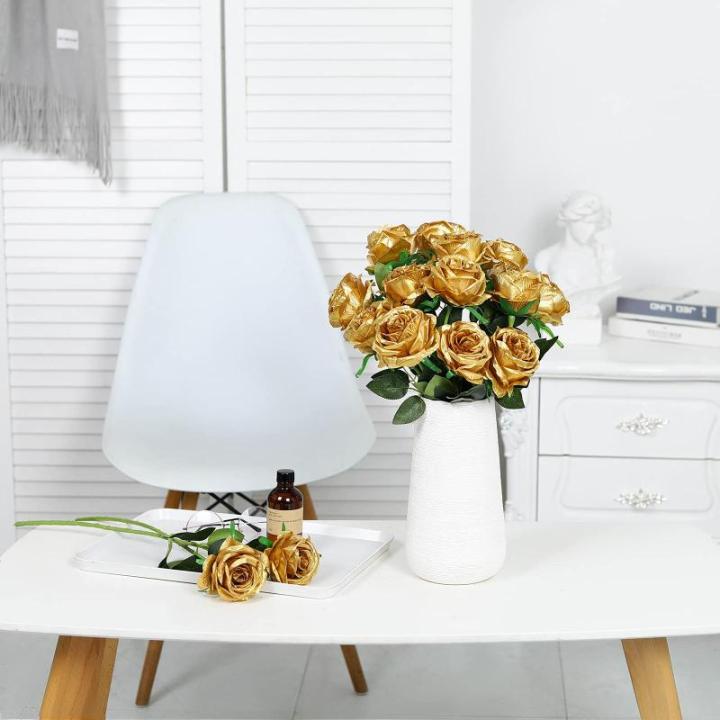 Kunstmatige Zijde Roos Bloem Boeket Levensechte Nep Roos voor Bruiloft Thuis Party Decoratie Evenement Gift 10 stks (Goud)