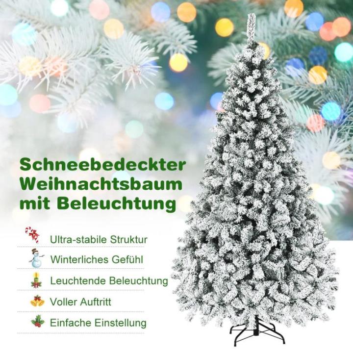 Kunstkerstboom met sneeuw en warmwitte ledverlichting, dennenboom met metalen standaard, pvc-naalden, kunstboom, klapsysteem, 225 cm, 180/225 cm