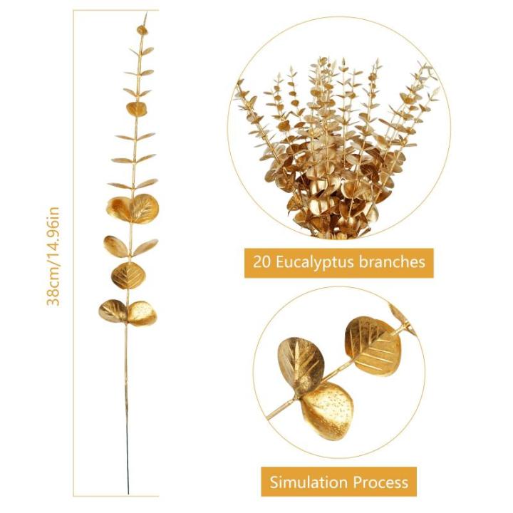 20 stuks kunstmatige eucalyptus tak goud eucalyptus planten bladeren decoratie eucalyptus steel kunstmatige eucalyptusbomen zilveren dollars nepplant voor tafeldecoratie feest