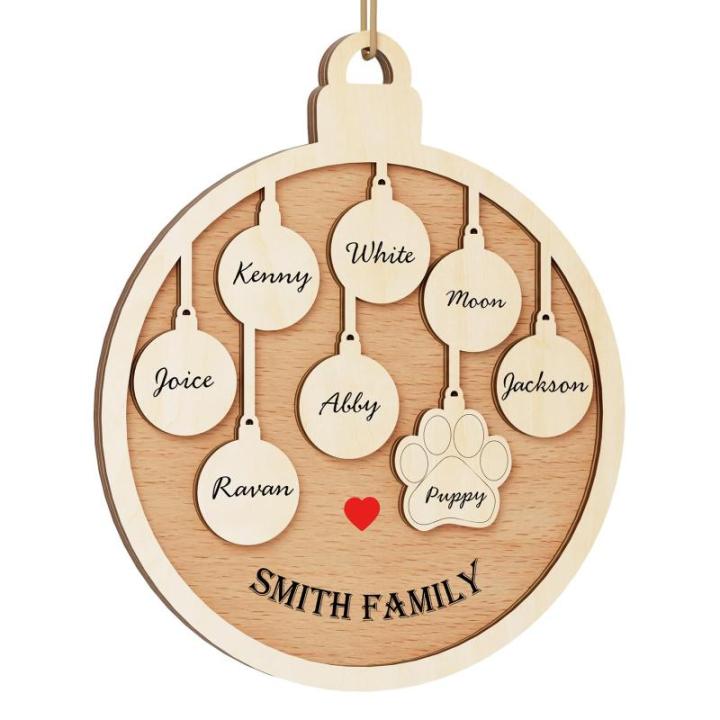 Gepersonaliseerde kersthangers met 7 namen - 2023 houten kerstboomversiering gepersonaliseerde familie, partner huisdier en vrienden