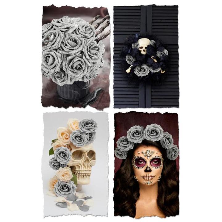 Kunstbloemen, 25 stuks kunstrozen, bloemen met stengels, echte touch, kunstschuim, rozen voor bruiloft, boeketten, feest, kantoor, baby, douche, thuis, kerstdecoratie (zilver)