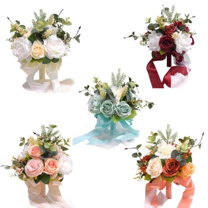 Künstlicher roter Rosen-Blumenstrauß mit Spitzenband, Blätter, Simulationsstrauß für Valentinstag, Hochzeit, Braut, Requisiten, Geschenk