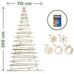 Handgemaakte kerstboom 205 cm hoog met decoraties, van hazelnoothout, decoratieve hanger, met 10 m ledlampen, houten platen verbonden met een jute touw met een dikte van 6 mm