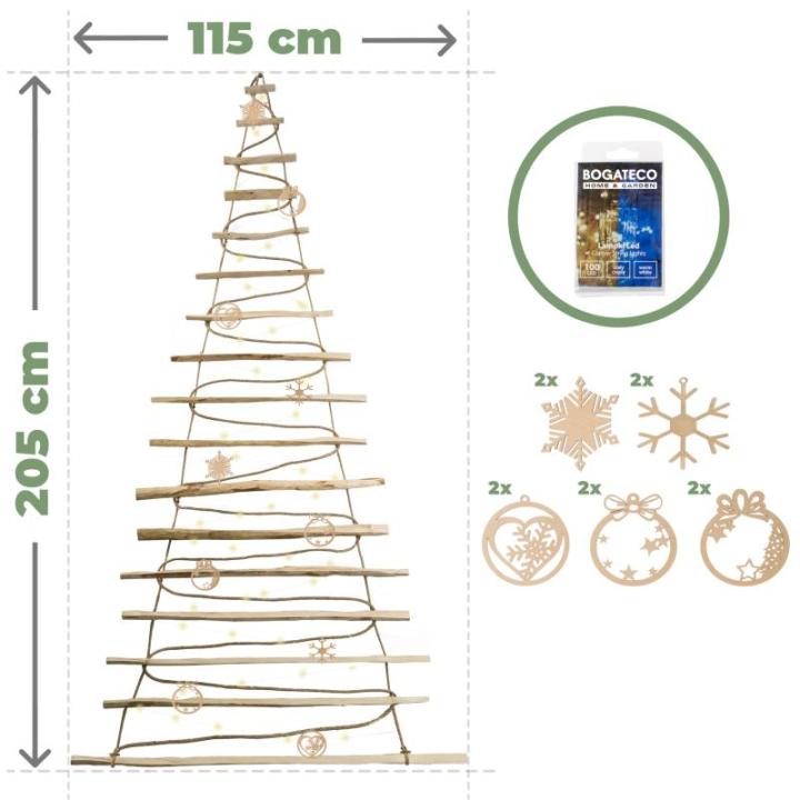 Handgemaakte kerstboom 205 cm hoog met decoraties, van hazelnoothout, decoratieve hanger, met 10 m ledlampen, houten platen verbonden met een jute touw met een dikte van 6 mm